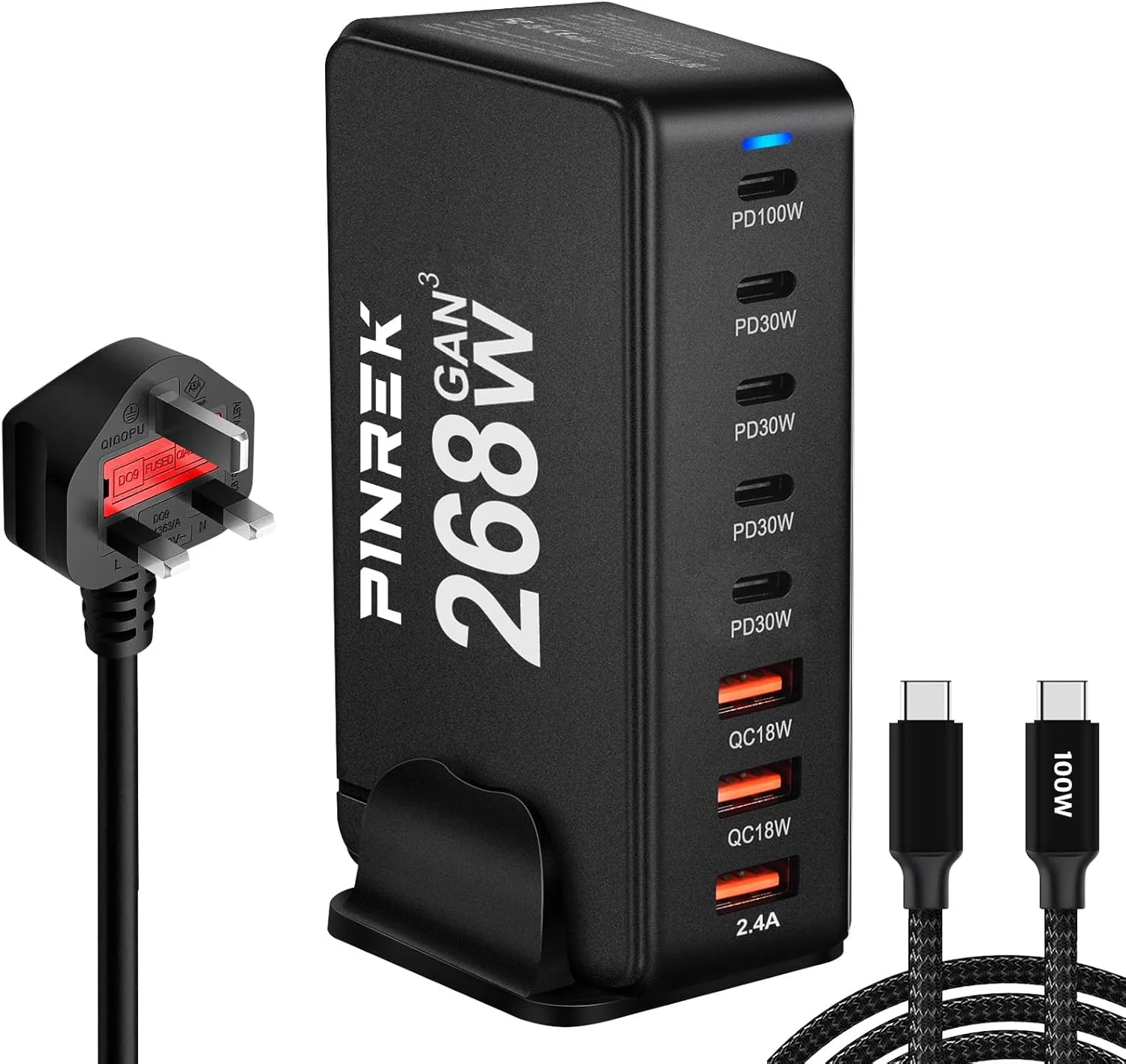 ایستگاه شارژ سریع 8 پورت PINREK 268W: آداپتور شارژر رومیزی GaN Type-C با توان 100W و هاب شارژ نوار برق USB برای مک بوک، آیفون، گلکسی، آیپد و لپ تاپ ها
