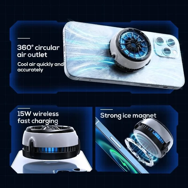 خنک کننده تلفن همراه گیمینگ PFUTURE - شارژر بی‌سیم سریع 15 واتی، فن رادیاتور نیمه هادی قابل حمل - سازگار با MagSafe، ایده آل برای آیفون/آیپد/اندروید، مناسب برای بازی، پخش زنده، ولاگ