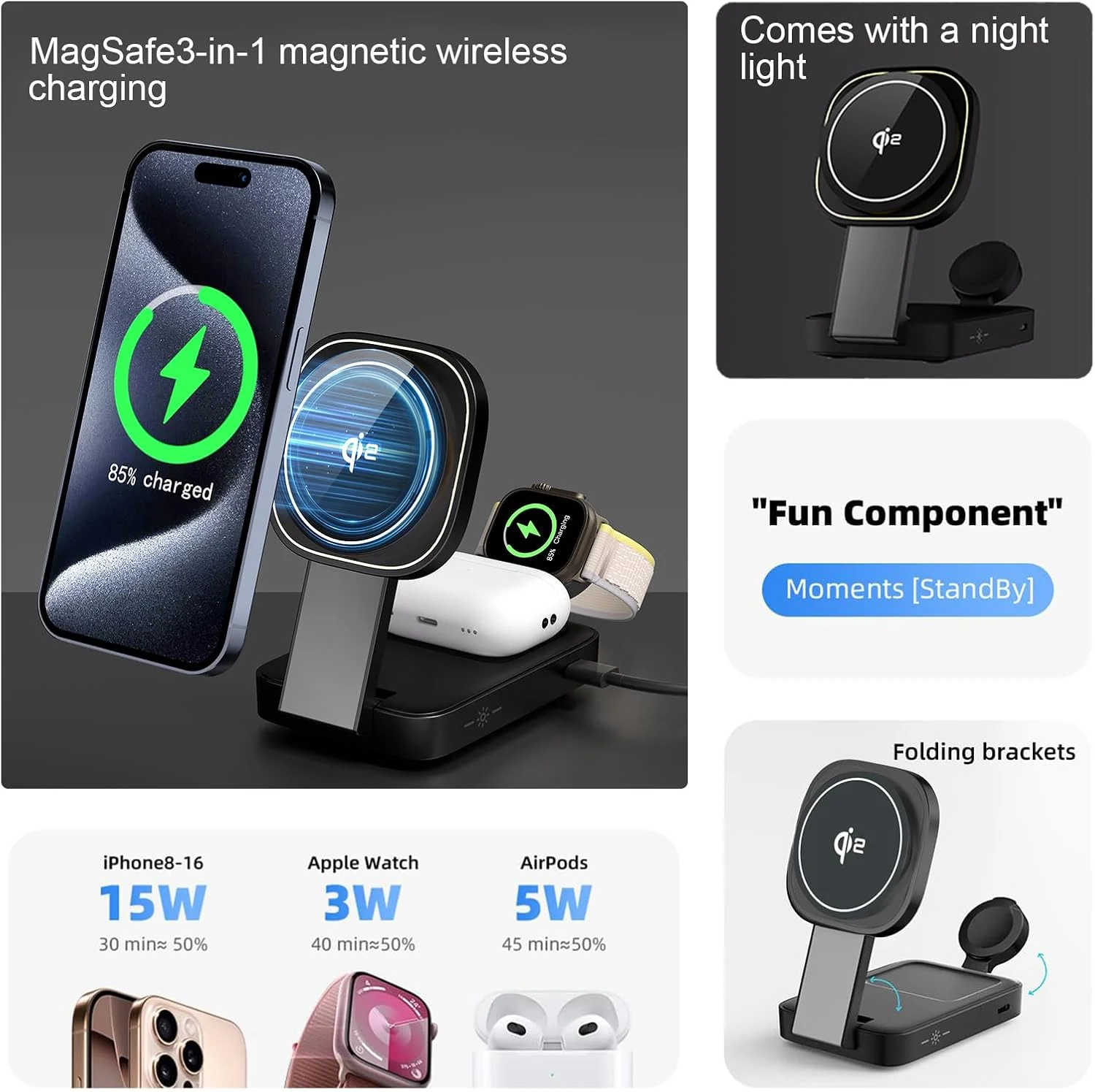 پایه شارژ بیسیم 3 در 1 Qi2، پایه شارژ مغناطیسی 15 واتی دارای گواهی Mag-Safe به همراه آداپتور USB C 45 واتی و چراغ خواب مناسب برای آیفون 16/15/14/13/12، اپل واچ، ایرپادز پایه شارژ بیسیم 3 در 1 Qi2، پایه شارژ مغناطیسی 15 واتی دارای گواهی Mag-Safe به همراه آداپتور USB C 45 واتی و چراغ خواب مناسب برای آیفون 16/15/14/13/12، اپل واچ، ایرپادز
