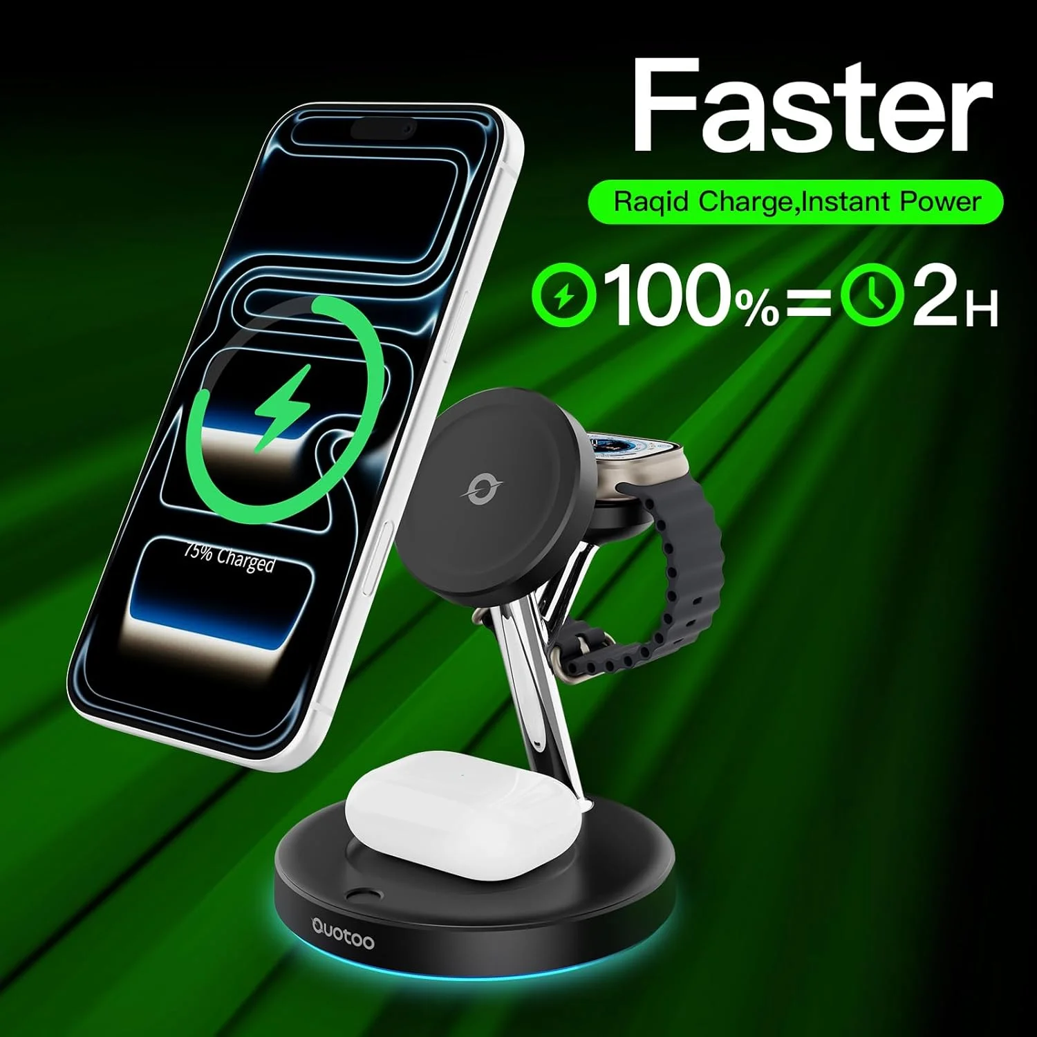 استند شارژ بی‌سیم سریع 3 در 1 نسخه 2024 با توان 30 وات برای آیفون، اپل واچ و ایرپادز، داک شارژ مغناطیسی چند دستگاهی برای 15/14/13/12، iWatch، AirPods 3 2 Pro (مشکی)