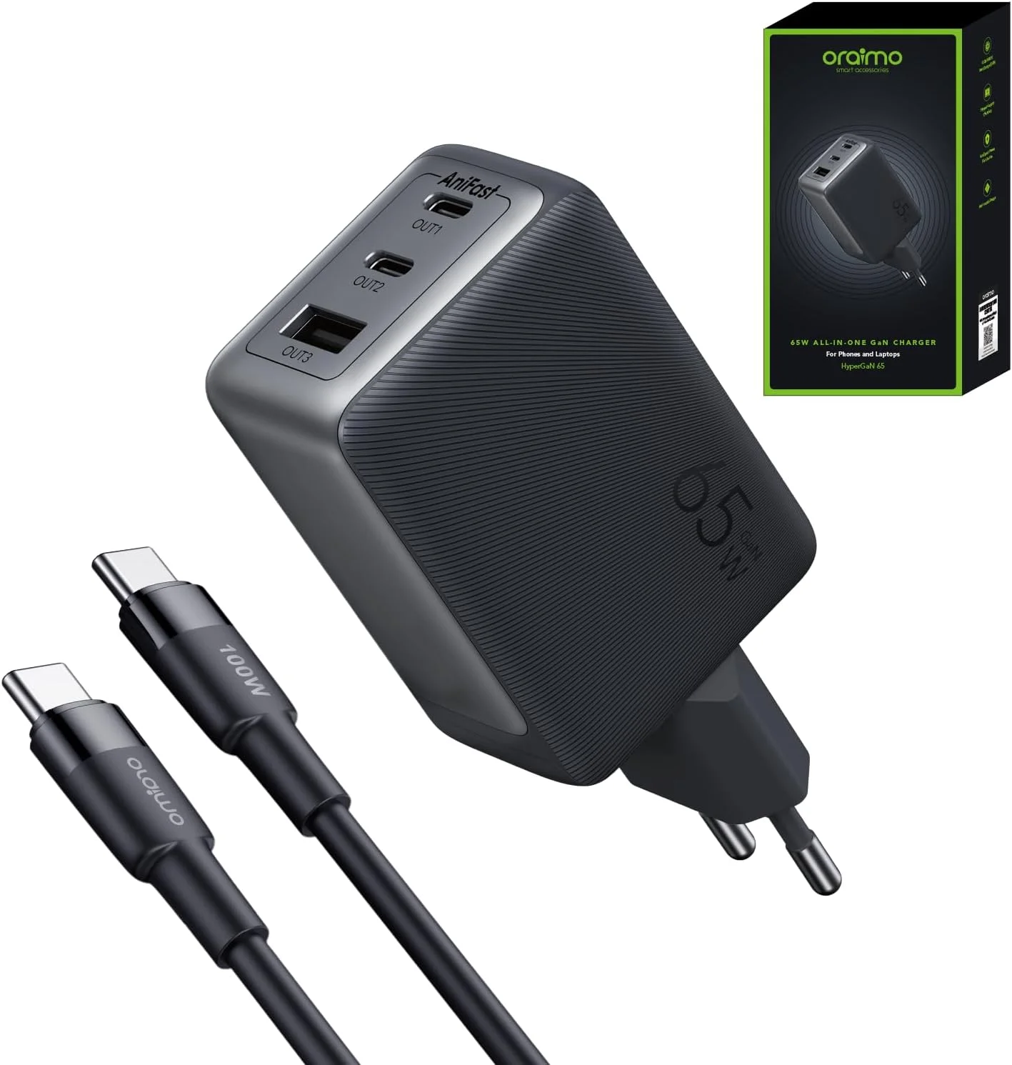 شارژر USB C اورایمو HyperGaN با توان 65 وات به همراه کابل 100 واتی CC، آداپتور لپ تاپ GaN سه پورت، شارژر فوق سریع سازگار با MacBook Pro/Air، HP/Dell/Lenovo، iPhone، Samsung، Xiaomi و غیره