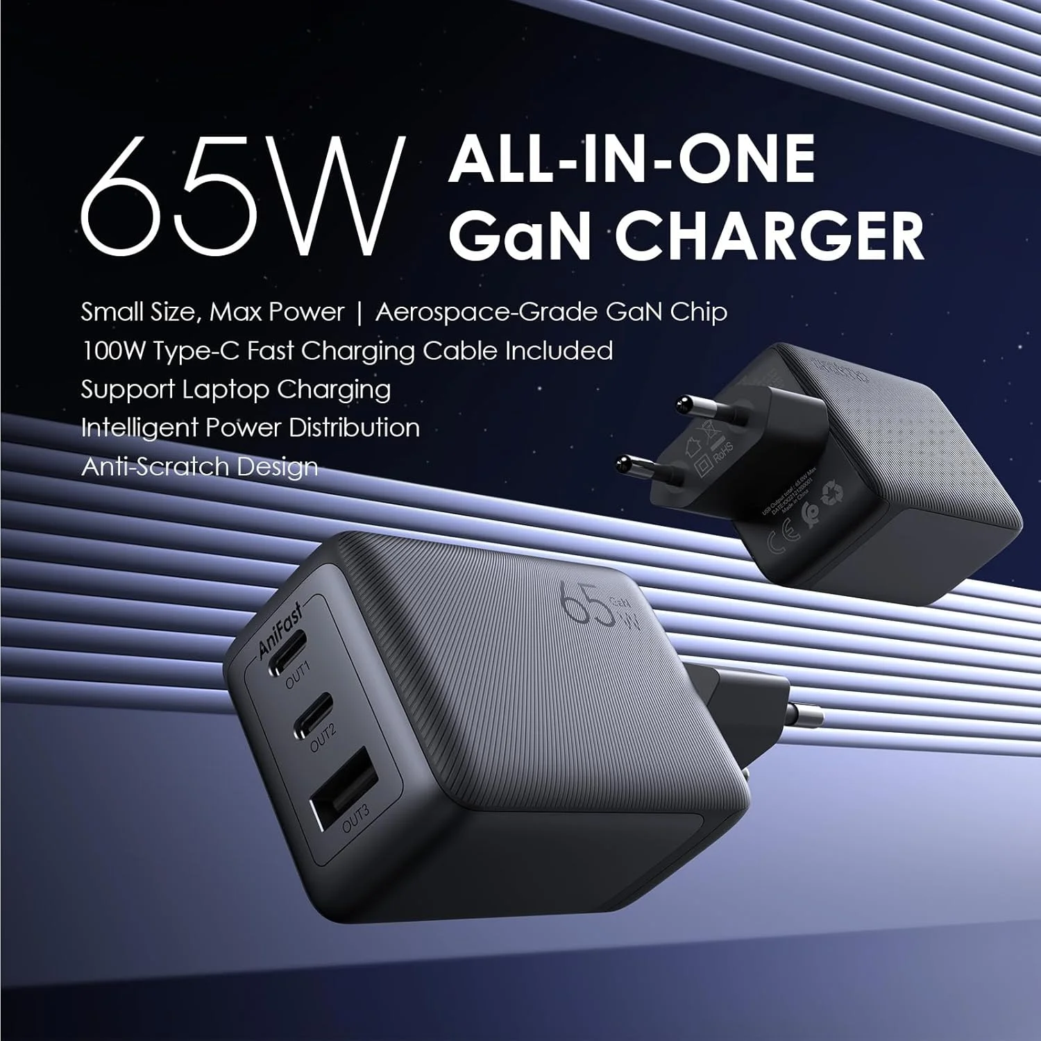 شارژر USB C اورایمو HyperGaN با توان 65 وات به همراه کابل 100 واتی CC، آداپتور لپ تاپ GaN سه پورت، شارژر فوق سریع سازگار با MacBook Pro/Air، HP/Dell/Lenovo، iPhone، Samsung، Xiaomi و غیره