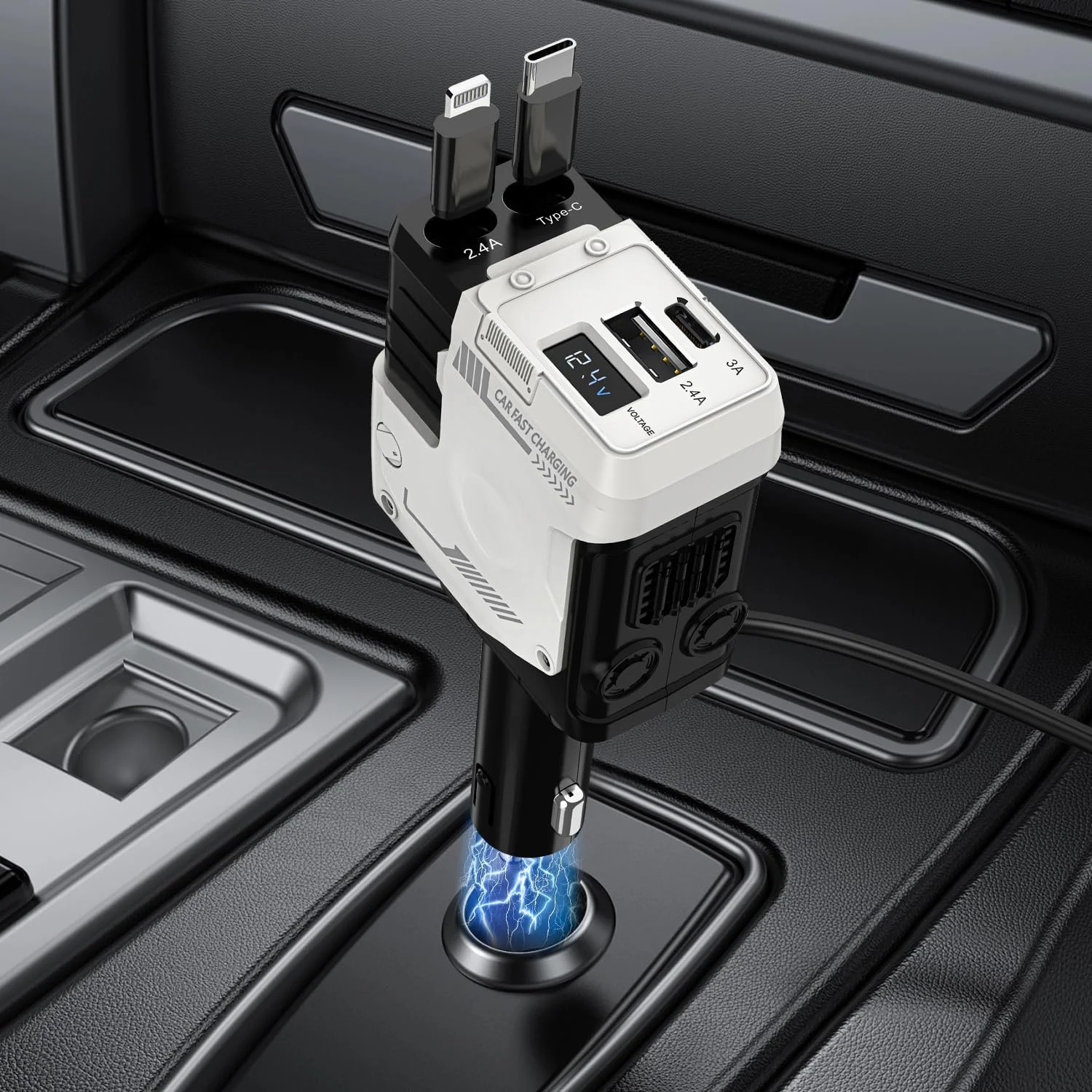 شارژر فندکی خودرو Necomi، کابل جمع شونده 120 واتی و شارژر USB خودرو، شارژ سریع 4 پورت، سازگار با Galaxy و سایر دستگاه‌ها، وصلة شاحن سيار