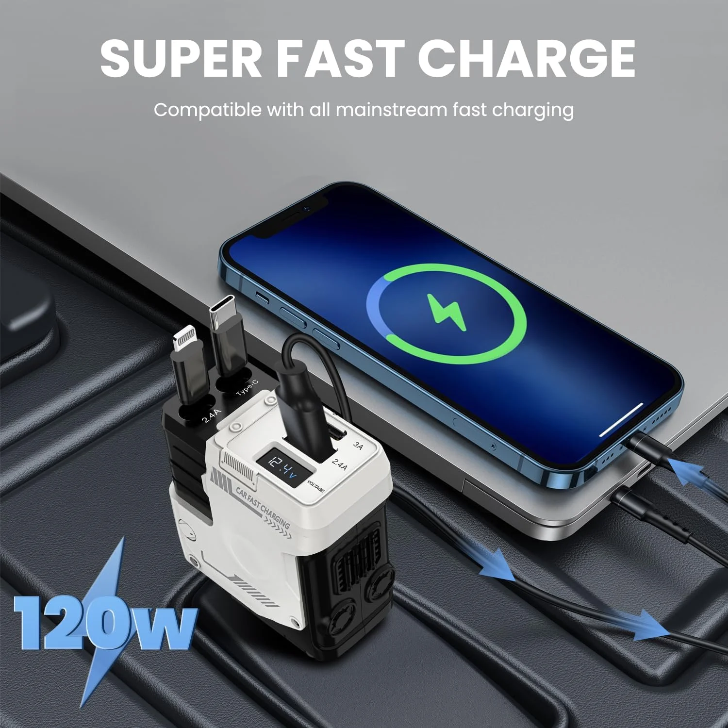 شارژر فندکی خودرو Necomi، کابل جمع شونده 120 واتی و شارژر USB خودرو، شارژ سریع 4 پورت، سازگار با Galaxy و سایر دستگاه‌ها، وصلة شاحن سيار