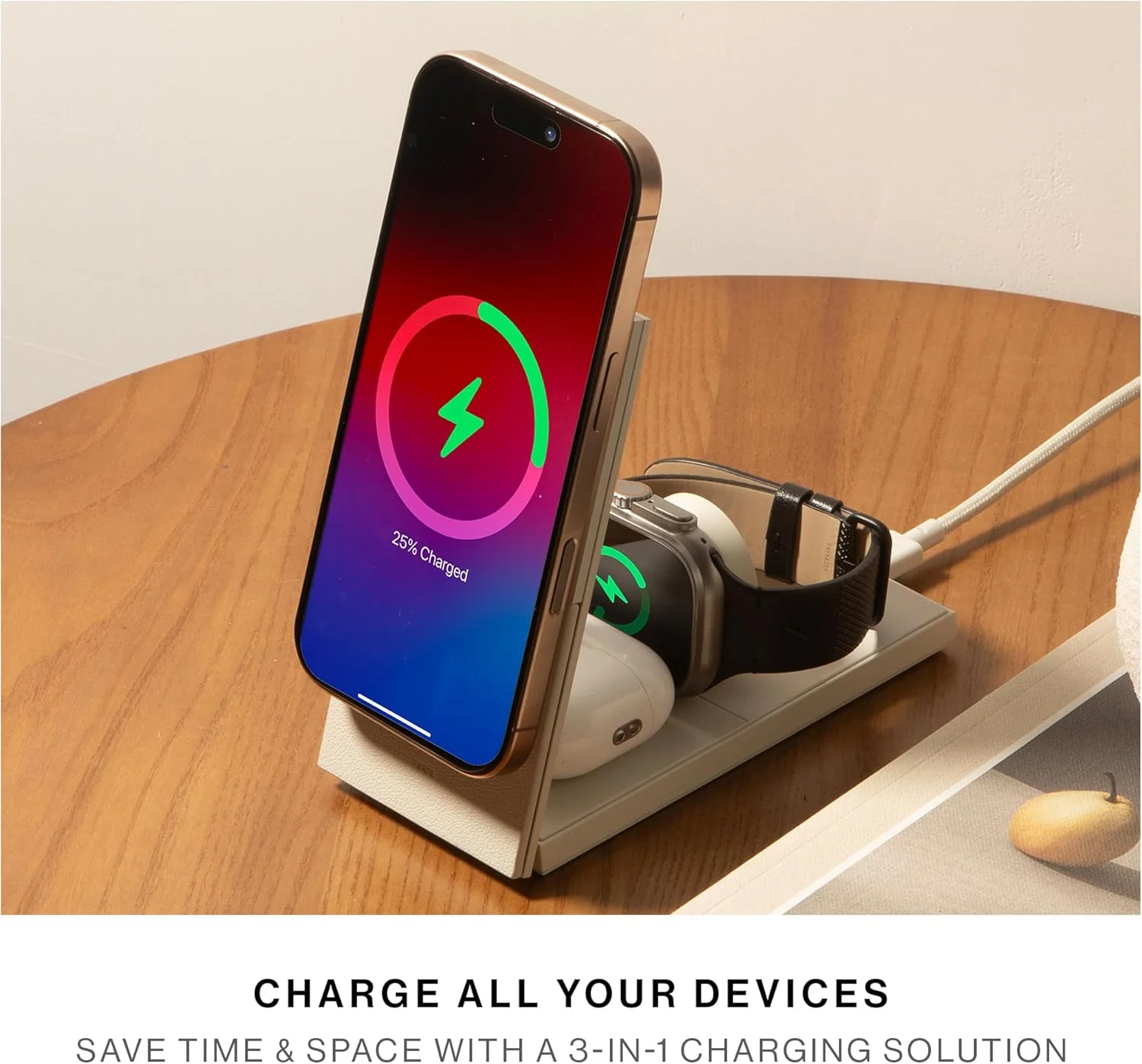 شارژر بی‌سیم مغناطیسی 3 در 1 Native Union Rise - دارای گواهی Qi2 و MagSafe - پایه شارژ سریع 15 واتی برای آیفون 16/15/14/13 با عملکرد شارژ برای ایرپادز (Pro) و اپل واچ (سنگ ماسه)