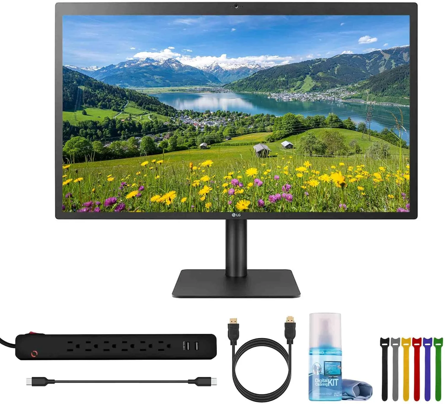 مانیتور 27 اینچی IPS 5K ال‌جی مدل UltraFine 27MD5KLB-B به همراه: محافظ برق، کابل Type-C، بست کمربندی کابل، کیت تمیز کننده تلویزیون