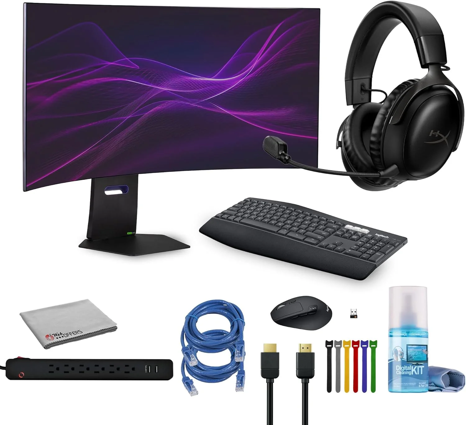 مانیتور گیمینگ خمیده اولد فوق عریض 45 اینچی ال‌جی مدل 45GX950A-B به همراه هدست گیمینگ بی‌سیم HyperX Cloud III، ماوس و کیبورد MK850، دو عدد کابل HDMI، محافظ برق، کیت تمیز کننده تلویزیون و بست کمربندی