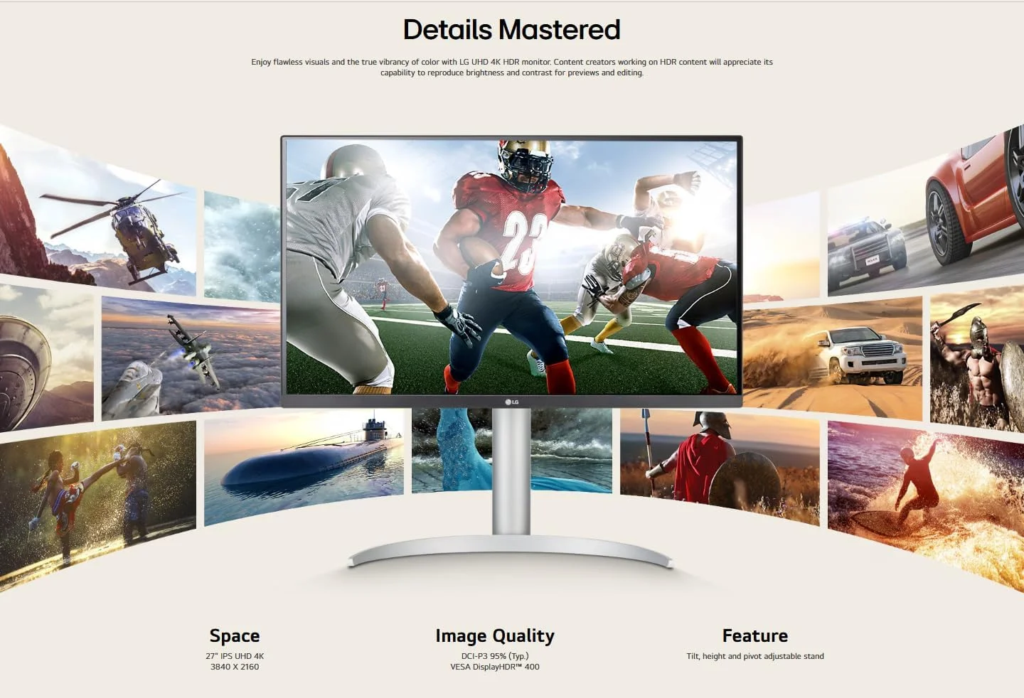 مانیتور 27 اینچی ال‌جی 4K (3840 x 2160) IPS با USB Type-C | AMD FreeSync | HDR 400, DCI-P3 95% | بلندگوی داخلی | 60 هرتز، 5 میلی‌ثانیه | حاشیه باریک (HDMI، DisplayPort) | مانیتور سفید