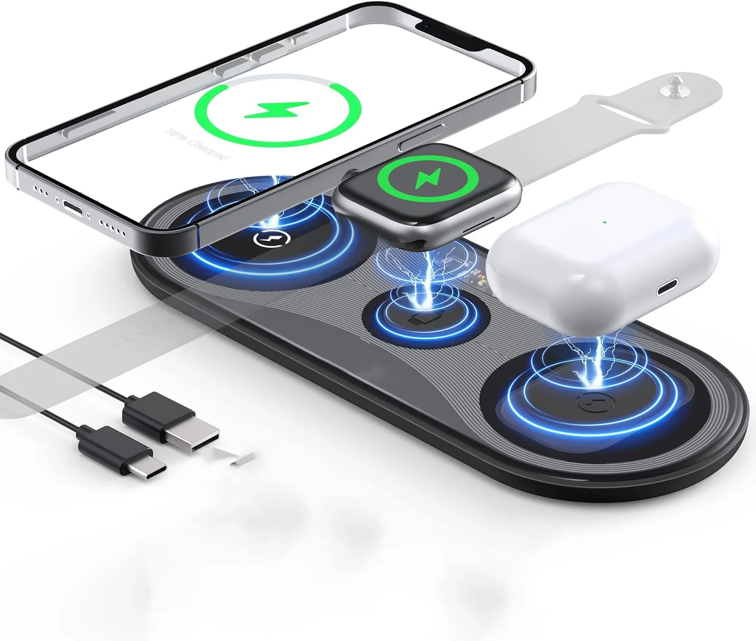 پد شارژ بی‌سیم NALACAL، استیشن شارژ بی‌سیم قابل حمل 3 در 1 برای دستگاه‌های متعدد، پد شارژ فوق‌العاده باریک مسافرتی برای اپل واچ 7/6/5/4/3/2، آیفون 14، 13، 12 پرو و ایرپادز 3/2/پرو