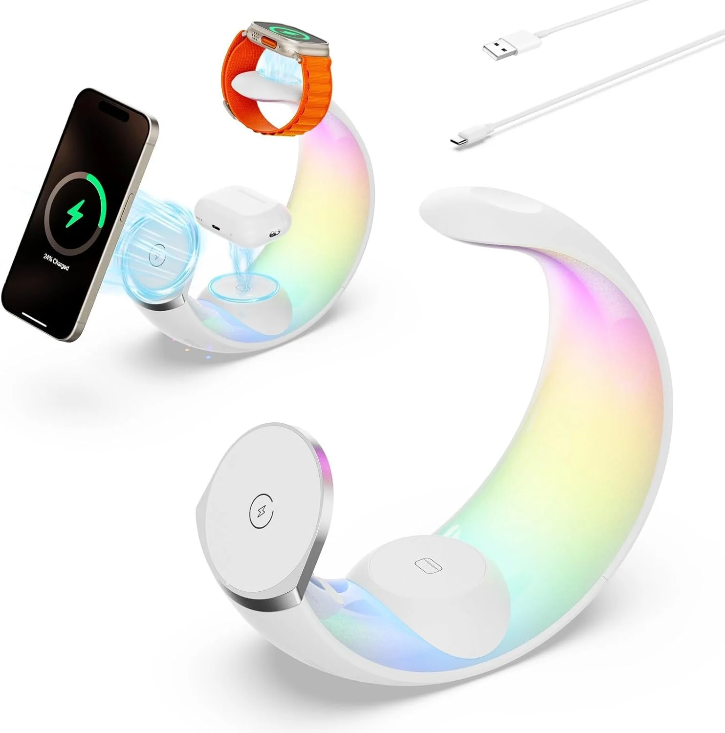 استند شارژ بی‌سیم 3 در 1 NALACAL، مناسب برای آیفون 15/15 پرو/15 پرو مکس/14/13/12/11/10/9/8/SE، اپل واچ، ایرپاد/ایرپاد پرو، استند شارژر بی‌سیم مگ سیف برای دستگاه‌های متعدد (سفید)