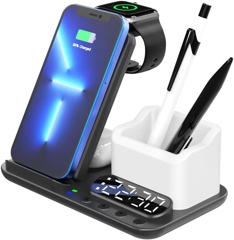 استند شارژ 5 در 1 برای آیفون، داک شارژر بی سیم برای دستگاه های متعدد سازگار، محافظت هوشمند تاشو با توان بالا، دکور شارژ سریع 15 واتی تلفن، ساعت و هندزفری