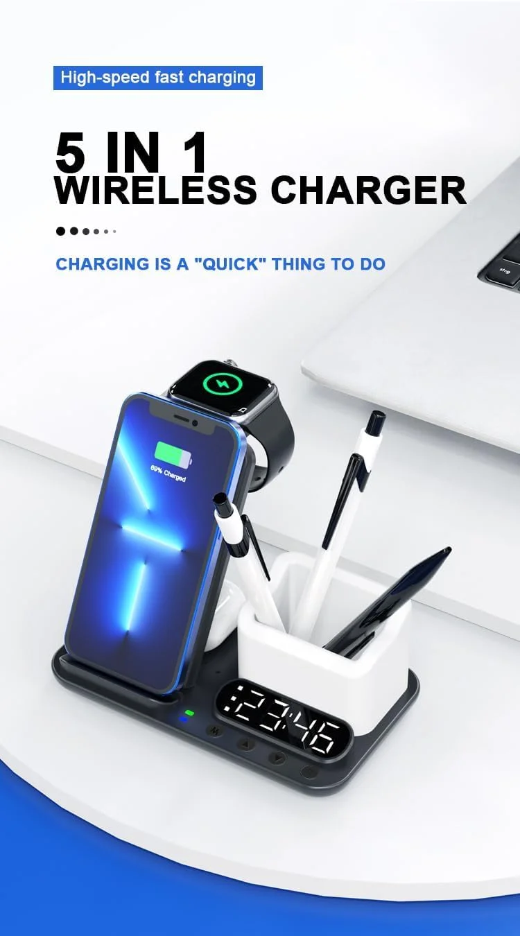 استند شارژ 5 در 1 برای آیفون، داک شارژر بی سیم برای دستگاه های متعدد سازگار، محافظت هوشمند تاشو با توان بالا، دکور شارژ سریع 15 واتی تلفن، ساعت و هندزفری