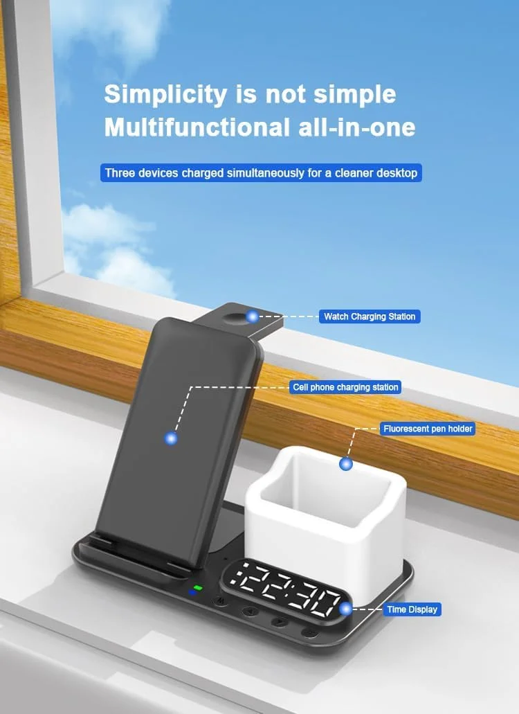 استند شارژ 5 در 1 برای آیفون، داک شارژر بی سیم برای دستگاه های متعدد سازگار، محافظت هوشمند تاشو با توان بالا، دکور شارژ سریع 15 واتی تلفن، ساعت و هندزفری