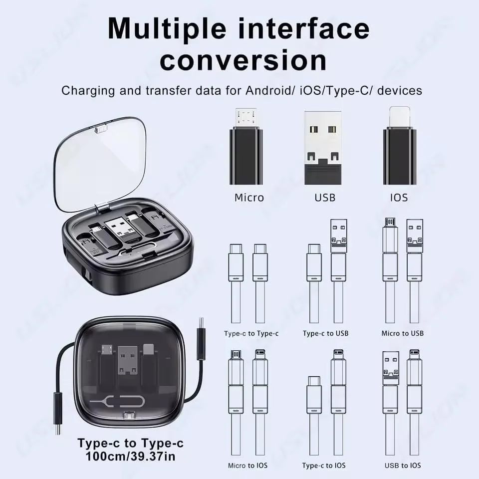 کابل شارژ سریع چند منظوره 60 واتی برای آیفون، سامسونگ، شیائومی، میکرو USB، تایپ C، کابل شارژ جمع شونده / ذخیره سازی / شارژ / انتقال / تبدیل - مشکی - SaveBig.ae