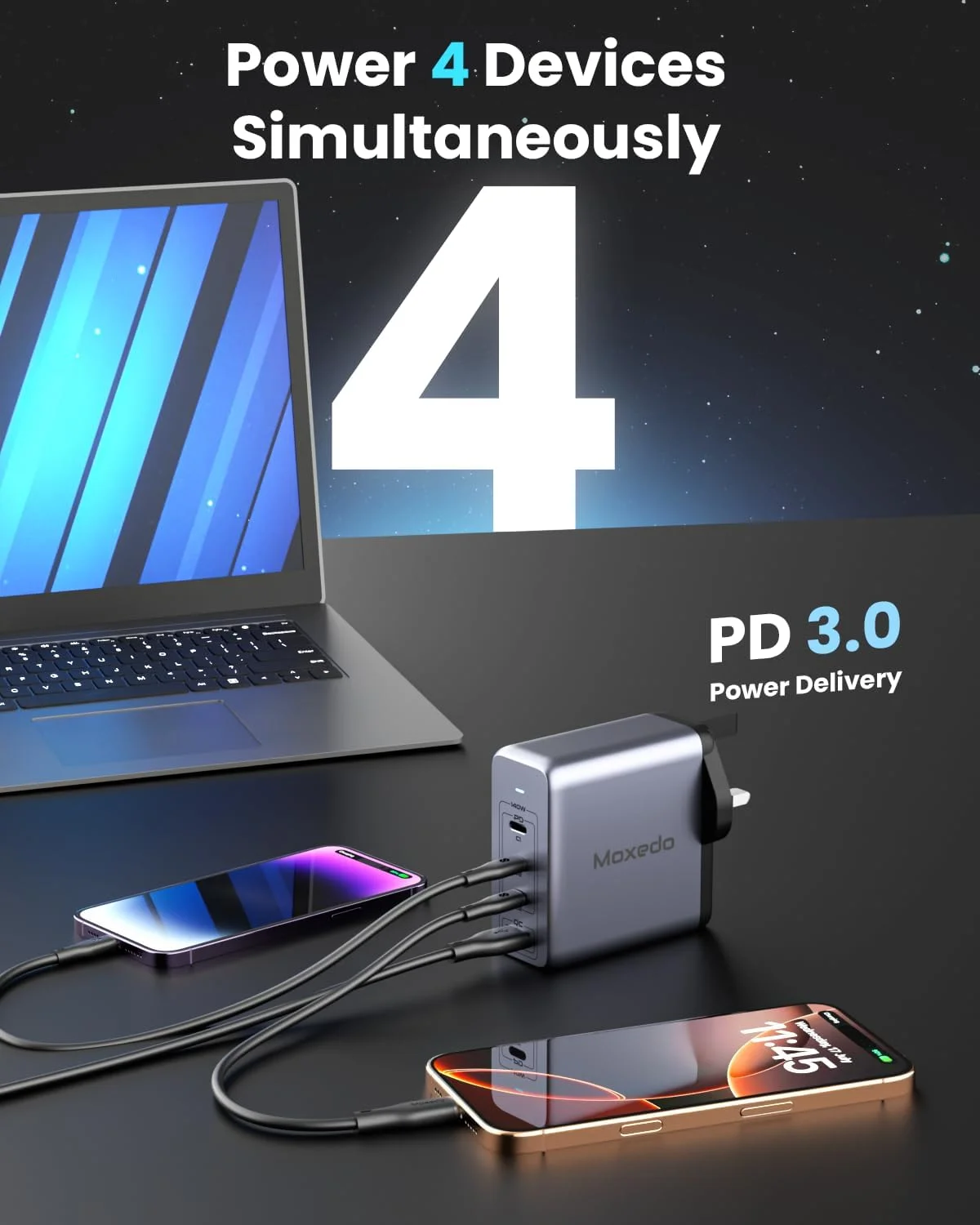 شارژر سریع 140 واتی Moxedo Volton II GaN با درگاه USB-A و 3 درگاه USB-C PD 3.1 سازگار با تلفن های هوشمند و سایر دستگاه ها