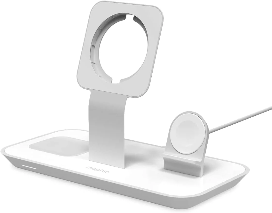 پایه شارژ بی‌سیم 3 در 1 Magsafe mophie برای آیفون، ایرپاد/ایرپاد پرو و اپل واچ، شارژ فوق‌العاده سریع 15 واتی، روکش براق شیک - سفید (شارژر MagSafe شامل نمی‌شود)