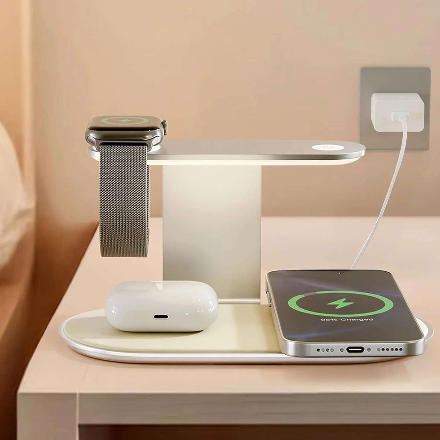 استند شارژ بی‌سیم مغناطیسی 4 در 1 با پد شارژ سریع 15 واتی Qi و چراغ خواب داخلی برای آیفون 16/15/14/13/12 پرو مکس، اپل واچ سری و ایرپادز - داک شارژ چند دستگاهی