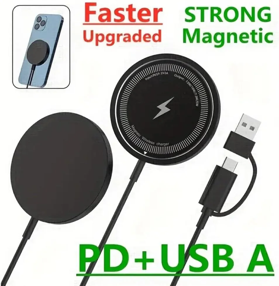 شارژر بی‌سیم مغناطیسی سریع برای سری آیفون 12/13/14/15/16 و ایرپاد 2/3، پد شارژ با پورت‌های USB-A و USB-C، برای مدل‌های پرو، پرو مکس، پلاس، ایستگاه شارژ سریع قابل حمل