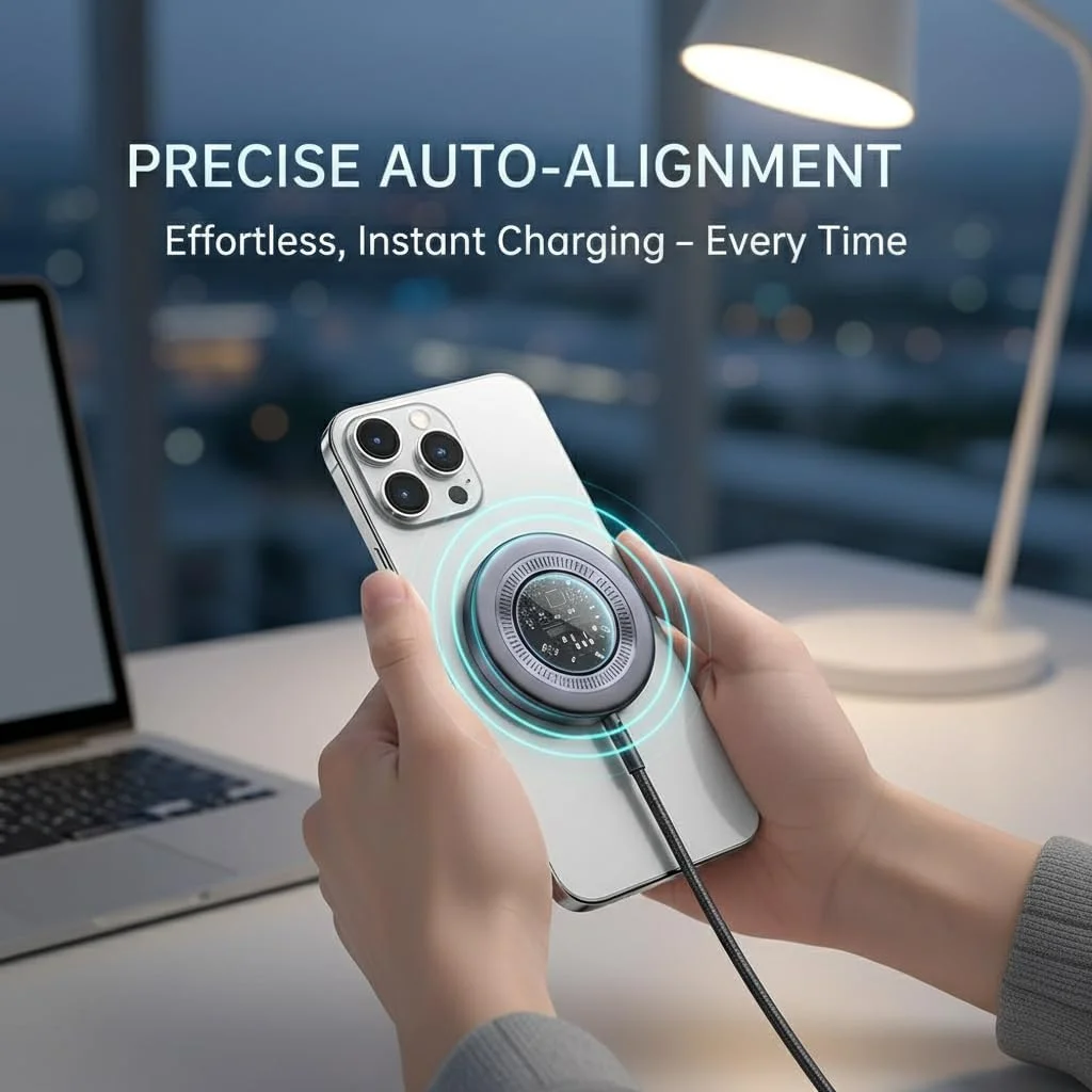 شارژر بی‌سیم مغناطیسی، پد شارژ بی‌سیم 15 واتی سریع برای آیفون مگ‌سیف، شارژر تلفن خودرو، با کابل 1 متری Type-C برای سری 14/13/12، شارژر سامسونگ برای گلکسی