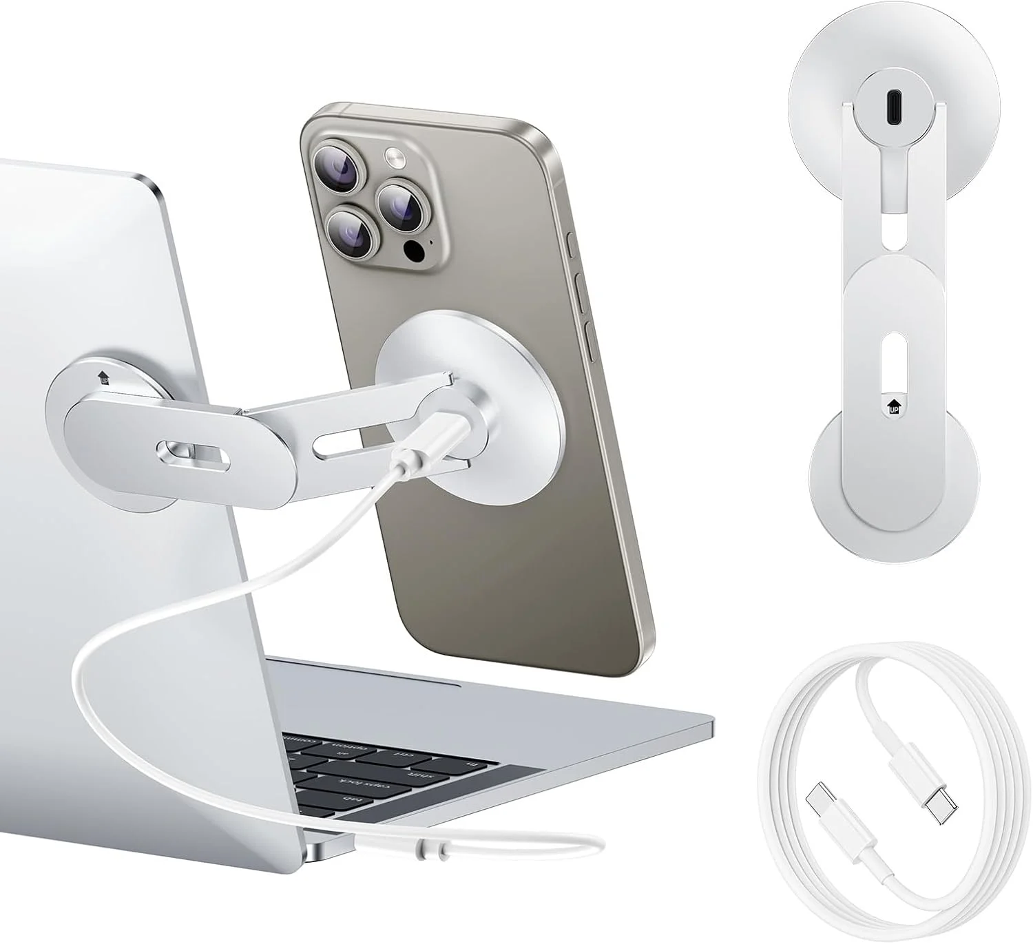 نگهدارنده تلفن لپ تاپ، پایه تلفن مغناطیسی شارژر بی سیم سریع 15 واتی برای آیفون 17/16/15/14/13/12 و همه تلفن ها برای تسلا (نقره ای)