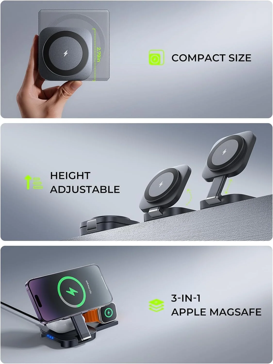 استند شارژ 3 در 1 LISEN برای آیفون 16 پرو مکس، شارژر وایرلس Magsafe برای آیفون، استند شارژ وایرلس مسافرتی برای دستگاه های متعدد، مناسب برای شارژر Magsafe آیفون 15/14/13، ایرپاد/اپل واچ