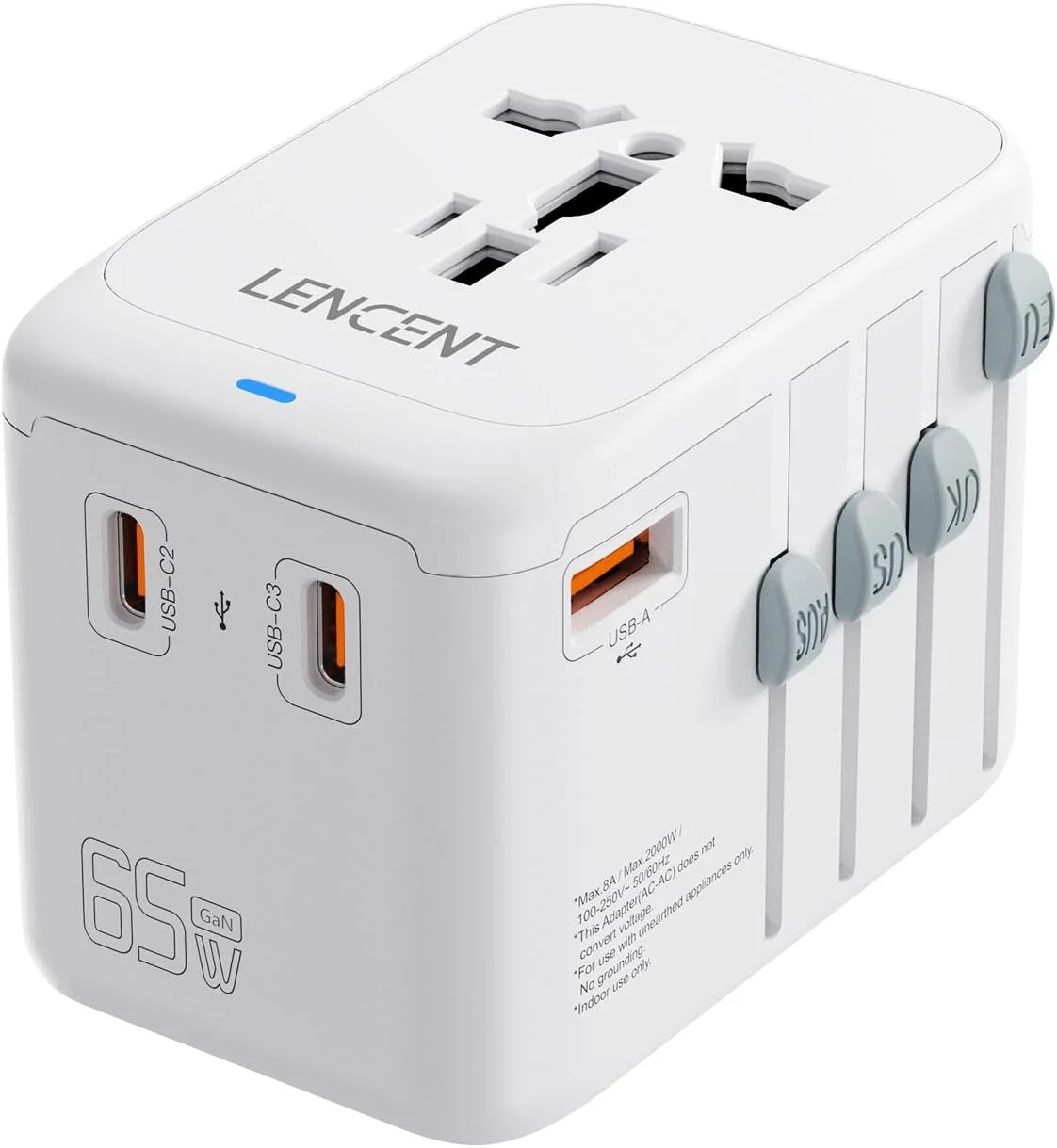 آداپتور مسافرتی بین المللی LENCENT، شارژر مسافرتی جهانی GaN III 65W با 1 پورت USB-A و 3 پورت USB-C PD با قابلیت شارژ سریع، آداپتور پریز برای آیفون، سامسونگ، لپ تاپ، نوع A/C/G/I (ایالات متحده آمریکا/انگلستان/اتحادیه اروپا/استرالیا)، سفید