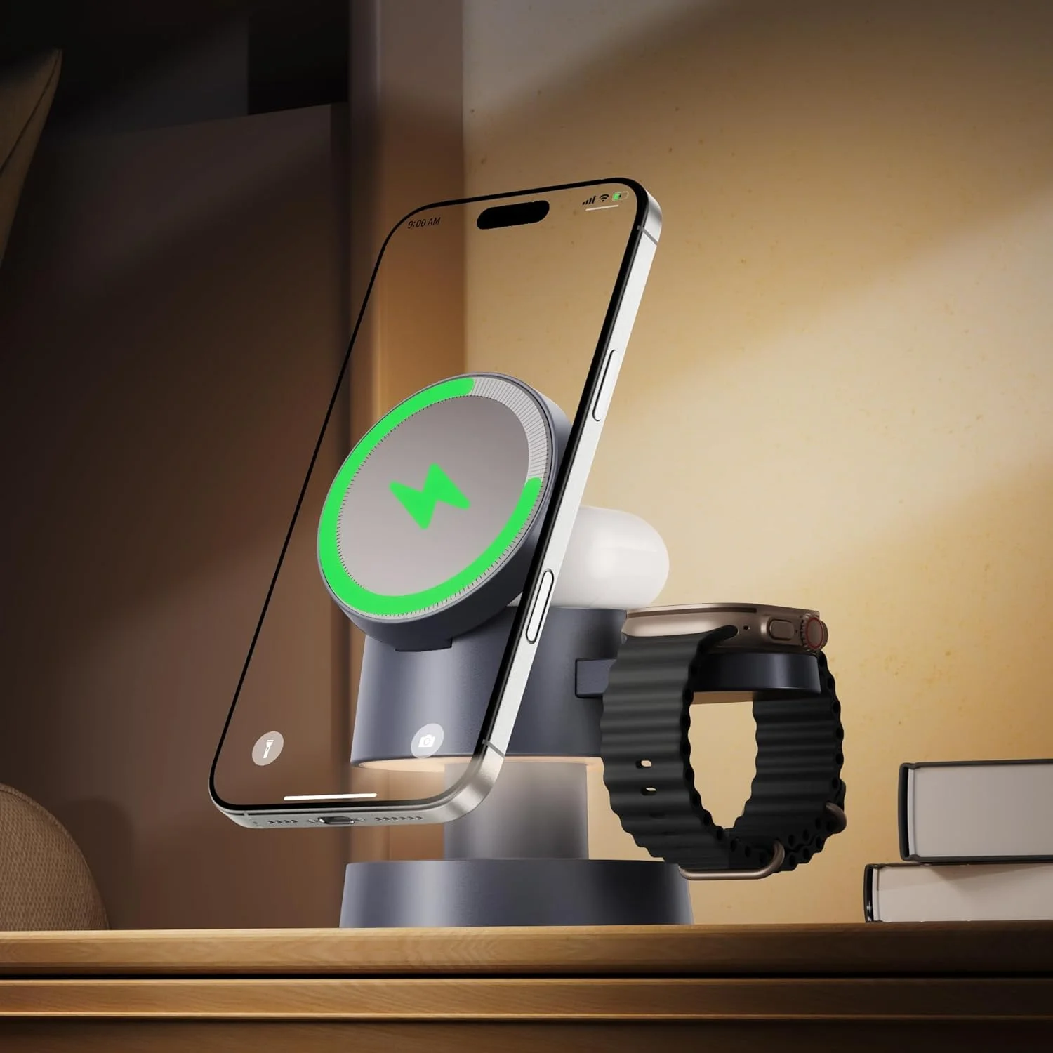 پایه شارژ بی‌سیم 4 در 1 برای آیفون 17 با چراغ خواب، استند مسافرتی 15 واتی 4 در 1 برای شارژر MagSafe برای آیفون 17/16/15/14/13/12/11/X Pro/Max/Plus/Air، اپل واچ، ایرپادز