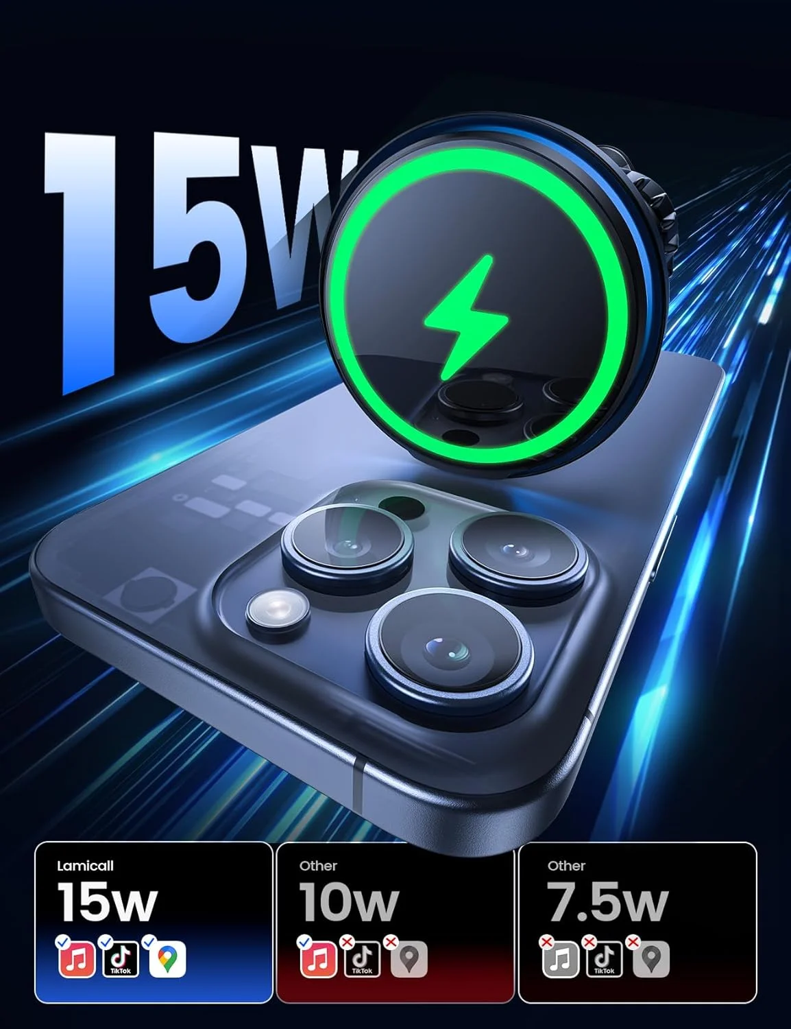شارژر بی‌سیم ۱۵ واتی خودرو Lamicall برای MagSafe - پایه نگهدارنده مغناطیسی قوی موبایل برای MagSafe با قلاب فلزی، برای دریچه هوا، مناسب برای سری آیفون ۱۷ ۱۶ ۱۵ ۱۴ ۱۳ ۱۲ ۱۱