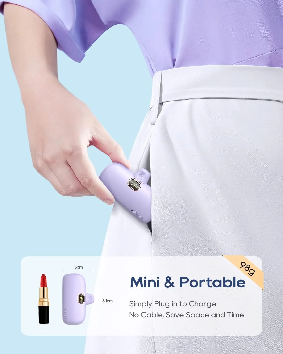 شارژر همراه USB C کولاا با دوشاخه USB-C داخلی، پاور بانک 5000 میلی آمپر ساعتی PD20W با شارژ سریع، بسته باتری با نمایشگر دیجیتال LCD برای آیفون 15/16، سامسونگ S22/S23 و اندروید (بنفش)