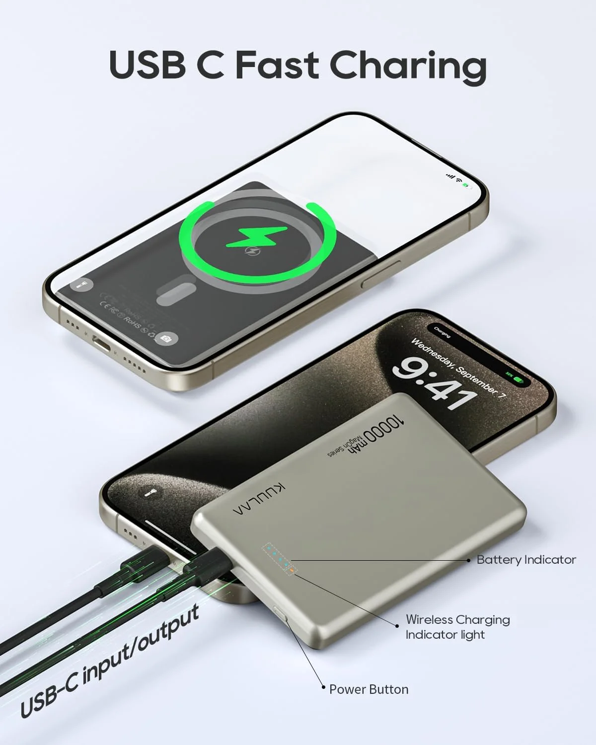پاور بانک Kuulaa با ظرفیت 10000mAh و شارژ سریع 20W، شارژر بی‌سیم قابل حمل، بسته باتری شارژر Magsafe برای سری iPhone 12-16