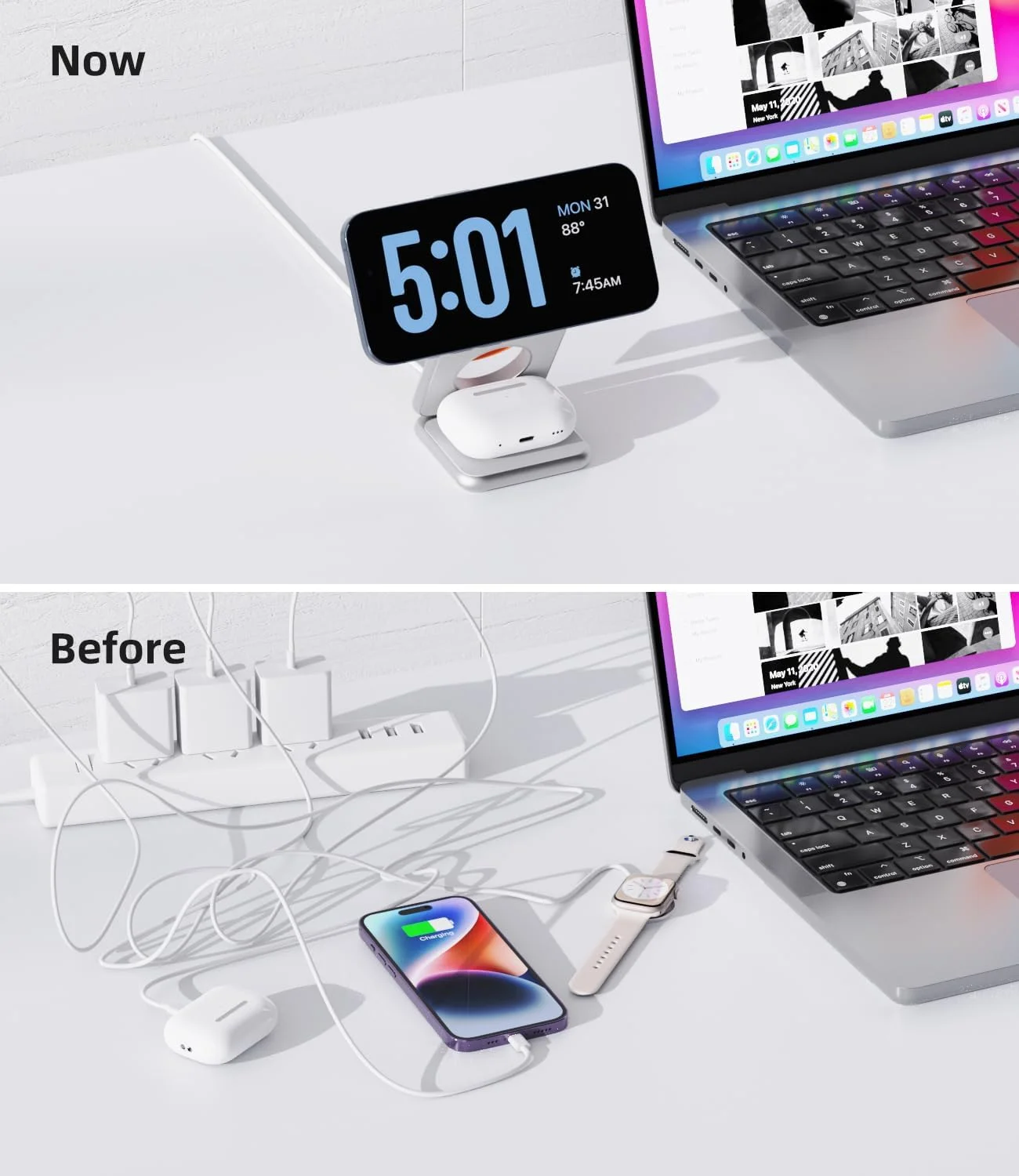 شارژر بی‌سیم 3 در 1 KU XIU X40 برای دستگاه‌های اپل، ایستگاه شارژ بی‌سیم تاشو و قابل حمل برای سری iPhone 16/15/14/13/12، Apple Watch 10/Ultra/9/8، AirPods 4/3/Pro/Pro 2 - نقره‌ای