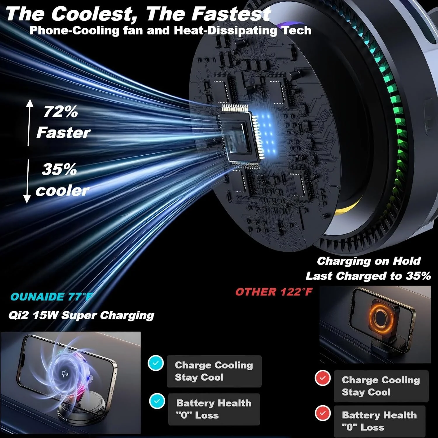 شارژر بی‌سیم مغناطیسی 15 واتی Qi2 برای خودرو، پایه شارژر خودرو دارای گواهی Qi2 با خنک کننده تلفن، هولدر مغناطیسی شارژ سریع بی‌سیم خودرو با قابلیت نصب روی دریچه هوا/داشبورد، مناسب برای آیفون 17/16/15/14/13/12