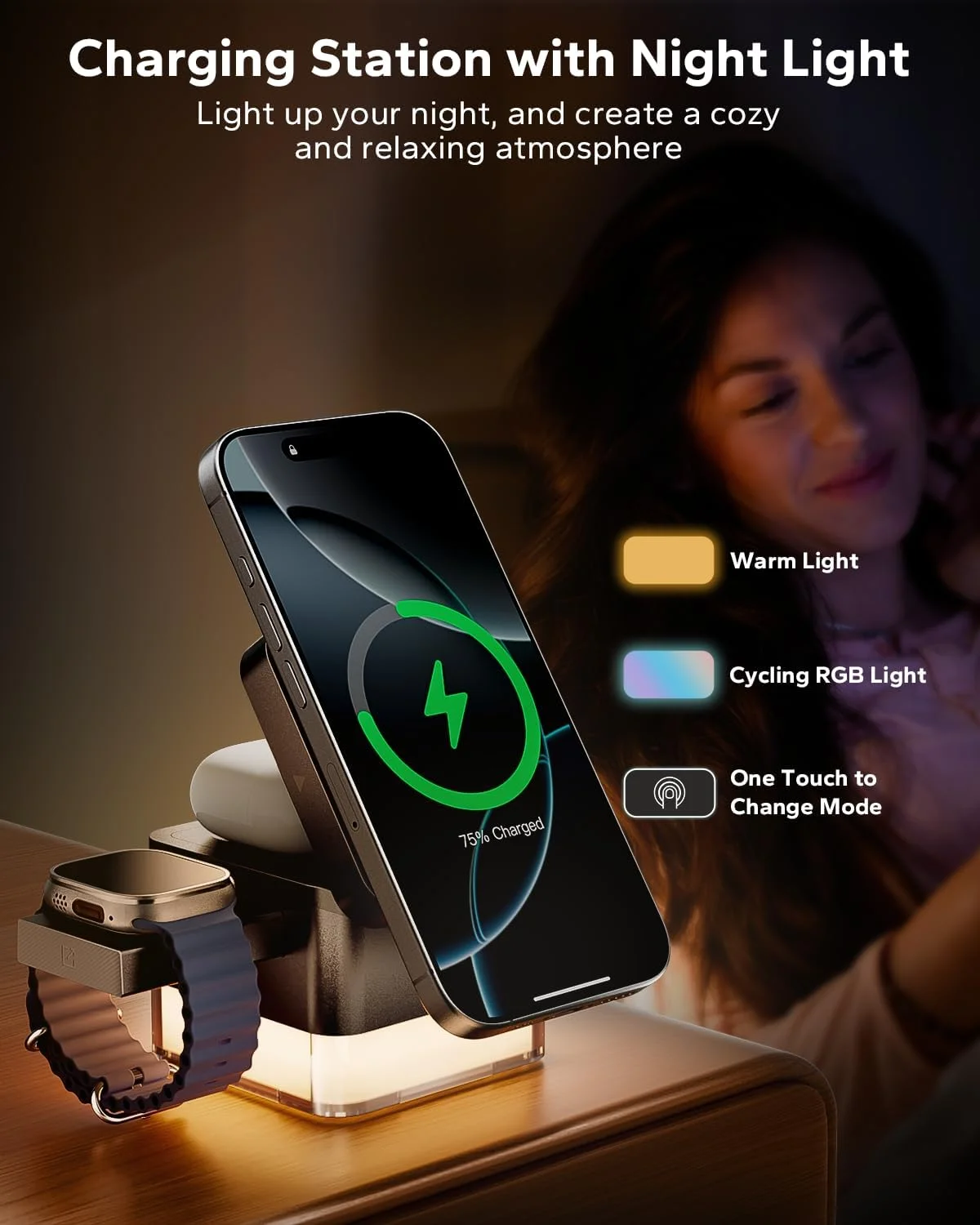 استند شارژر بی‌سیم 3 در 1 KPON با چراغ خواب، شارژر تاشو مغناطیسی 15 واتی Magsafe برای سری آیفون 17 16 15 14 13 12 / اپل واچ / ایرپاد