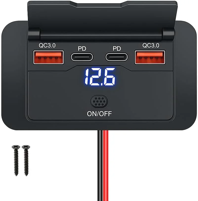 پنل خروجی USB دیواری 96 واتی 12 ولت - دو پورت PD 36 واتی و دو پورت QC3.0 18 واتی شارژر USB خودرو، سوئیچ ضد آب، نصب سطحی برای RV، قایق، کامیون، ATV، دریایی