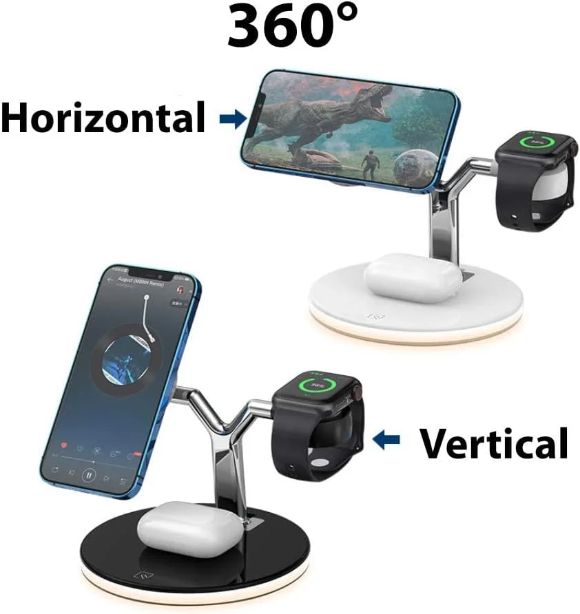 شارژر بی‌سیم 3 در 1 KASTWAVE با ایمنی مغناطیسی برای آیفون 12/13، iWatch و AirPods - چراغ‌های LED قابل تنظیم برای تجربه شارژ بهتر