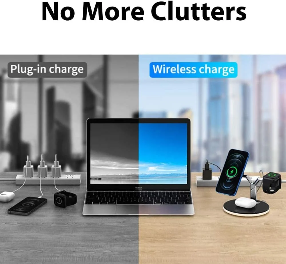 شارژر بی‌سیم 3 در 1 KASTWAVE با ایمنی مغناطیسی برای آیفون 12/13، iWatch و AirPods - چراغ‌های LED قابل تنظیم برای تجربه شارژ بهتر