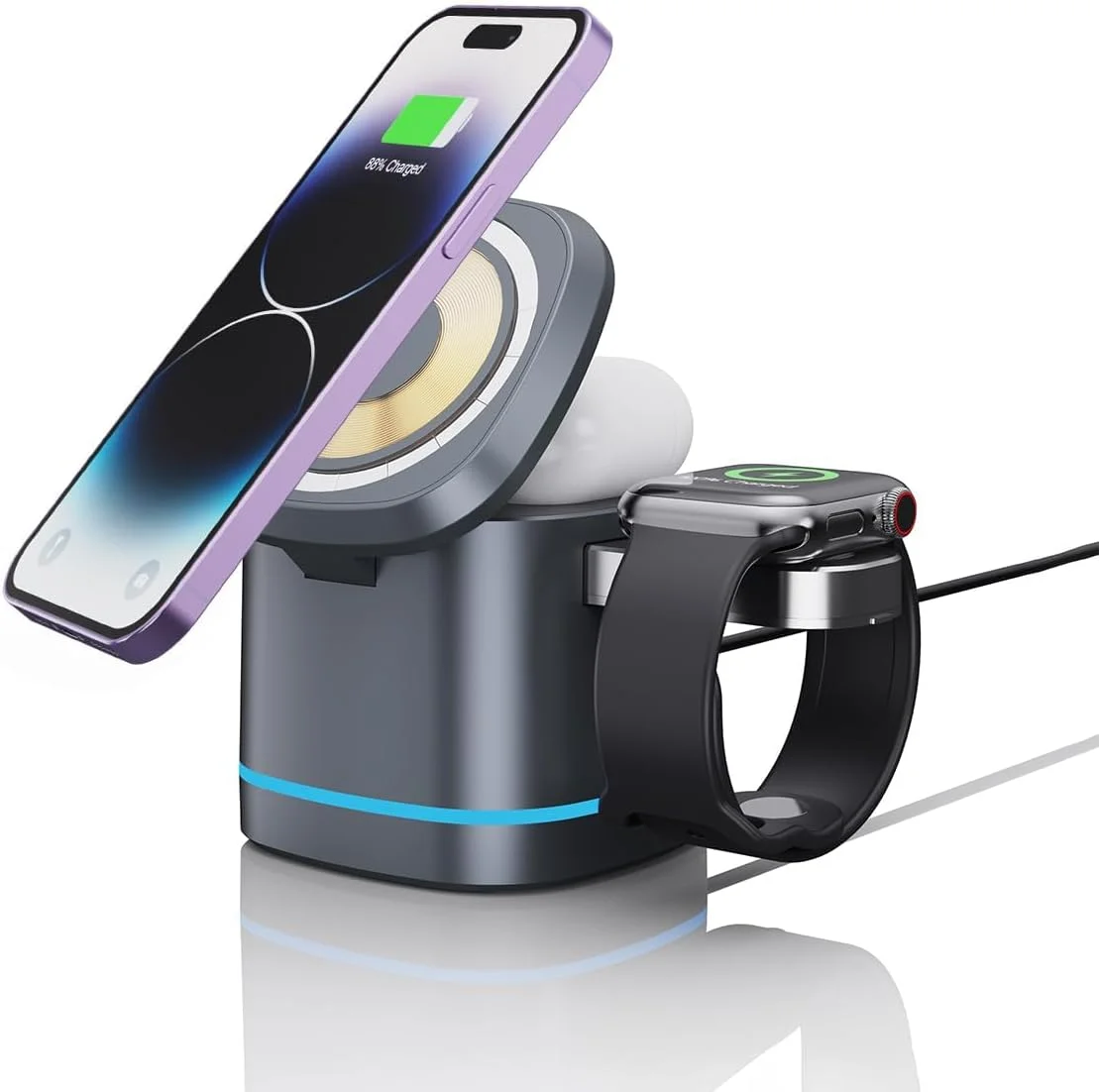پایه شارژر بی‌سیم تاشو مغناطیسی 3 در 1 KASTWAVE، داک شارژ سریع 15 واتی برای آیفون 15/14/13/12، ایرپادز 3/2/پرو، آی‌واچ 1-8/اولترا