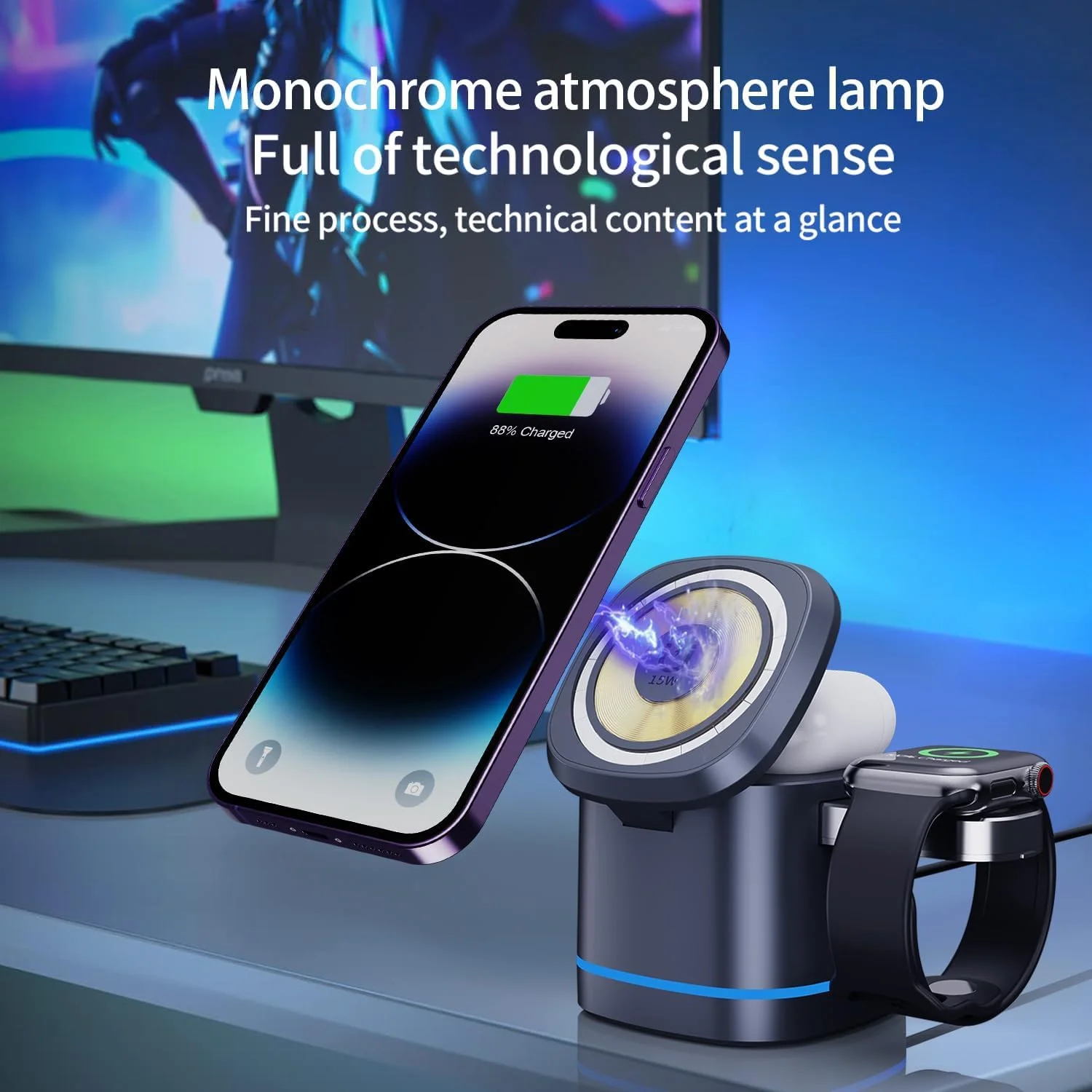 پایه شارژر بی‌سیم تاشو مغناطیسی 3 در 1 KASTWAVE، داک شارژ سریع 15 واتی برای آیفون 15/14/13/12، ایرپادز 3/2/پرو، آی‌واچ 1-8/اولترا