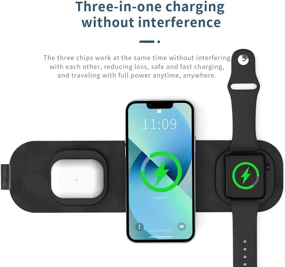 شارژر بی‌سیم مغناطیسی تاشو 3 در 1 KASTWAVE، ایستگاه شارژ بی‌سیم سریع تاشو برای مسافرت، سازگار با iPhone 15 14 13 12 11/Pro/XS/XR/8، AirPods 3/2/Pro، iWatch 7/6/5/4/3/2
