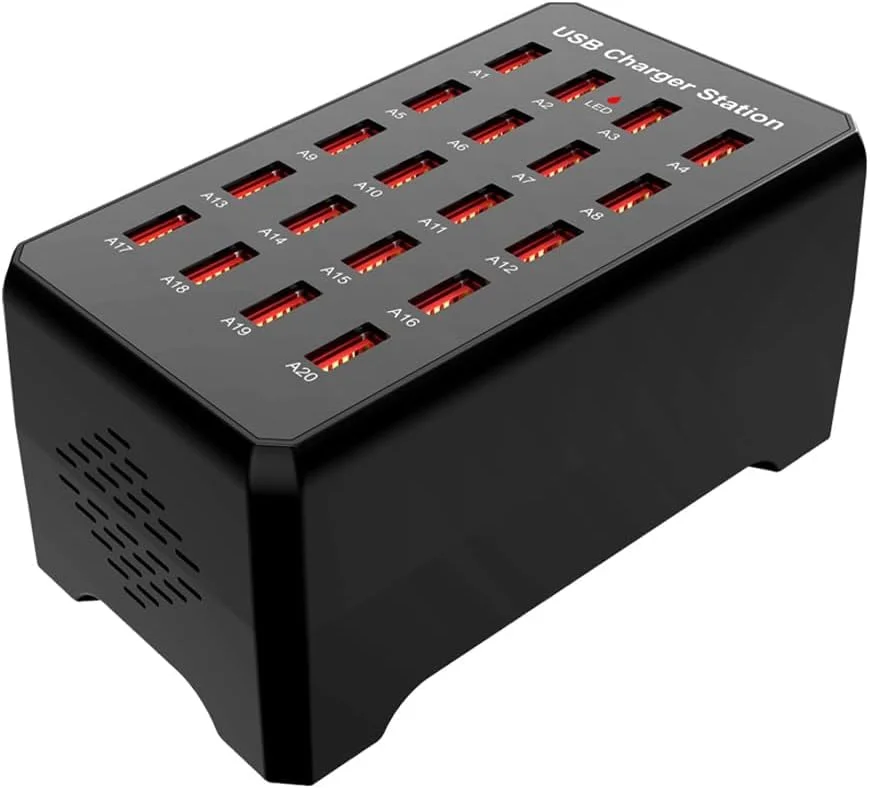 ایستگاه شارژر USB کلاکيلا با 20 پورت، 100 وات/20 آمپر، ایستگاه شارژ چندگانه USB، سازگار با تلفن های هوشمند، تبلت ها و سایر دستگاه های USB.