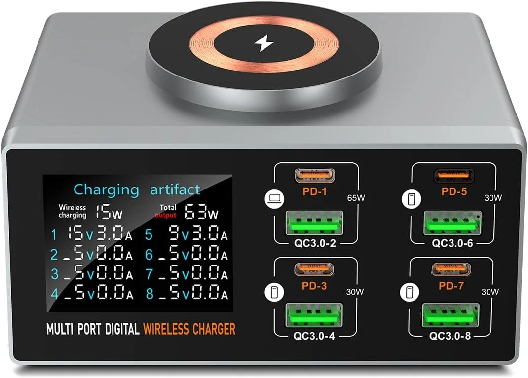 شارژر هوشمند چند منظوره 140 واتی با جذب مغناطیسی، 8 پورت USB-C با شارژر بی‌سیم 65 واتی PD QC3.0 و نمایشگر LCD برای مک‌بوک، لپ‌تاپ، آیپد، آیفون، سامسونگ