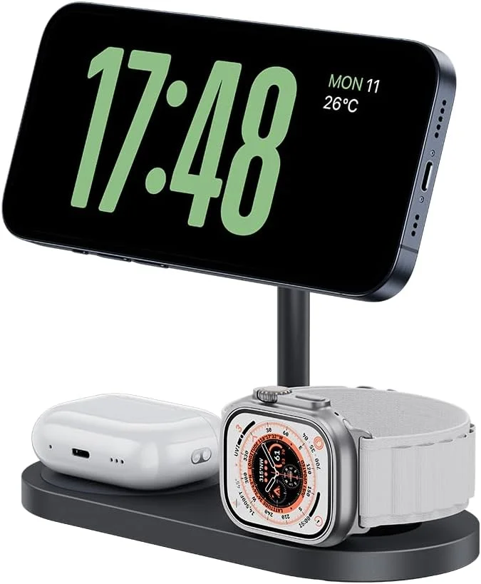 پایه شارژر بی‌سیم 3 در 1 بنکس Infinity Omni، اتصال مغناطیسی، شارژ سریع 15 واتی برای تلفن، 5 واتی برای ایرپادز و اپل واچ، زاویه قابل تنظیم، مشکی