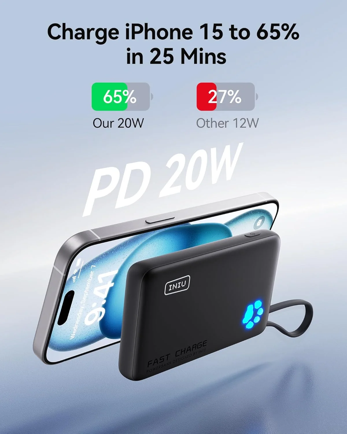 شارژر همراه INIU، باریک، شارژ سریع 45 واتی PD، پاور بانک 10000 میلی آمپر ساعتی، دارای کابل USB C داخلی، پاوربانک ضروری مسافرتی برای آیفون 16/15 پرو مکس، آیپد، گوگل پیکسل، سامسونگ S25/S24 و غیره