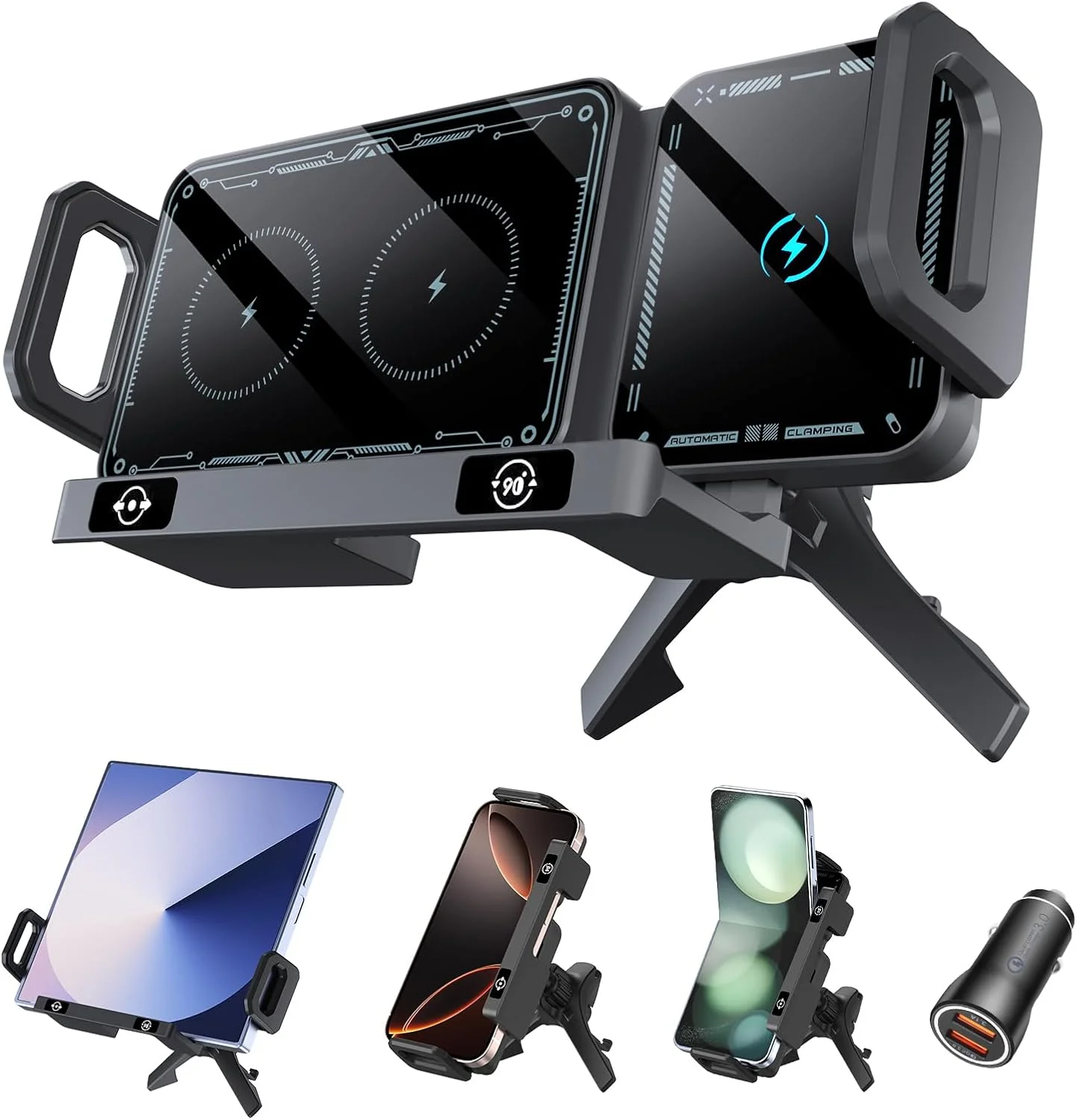 پایه نگهدارنده گوشی موبایل 15 واتی القایی خودرو، شارژر القایی سریع Qi خودرو، شارژر بی سیم گیره اتوماتیک دو سیم پیچ برای Samsung Galaxy Z Fold 6/5/4/3 Z Flip 6/5/4 S24/S23/iPhone 16/15 Series