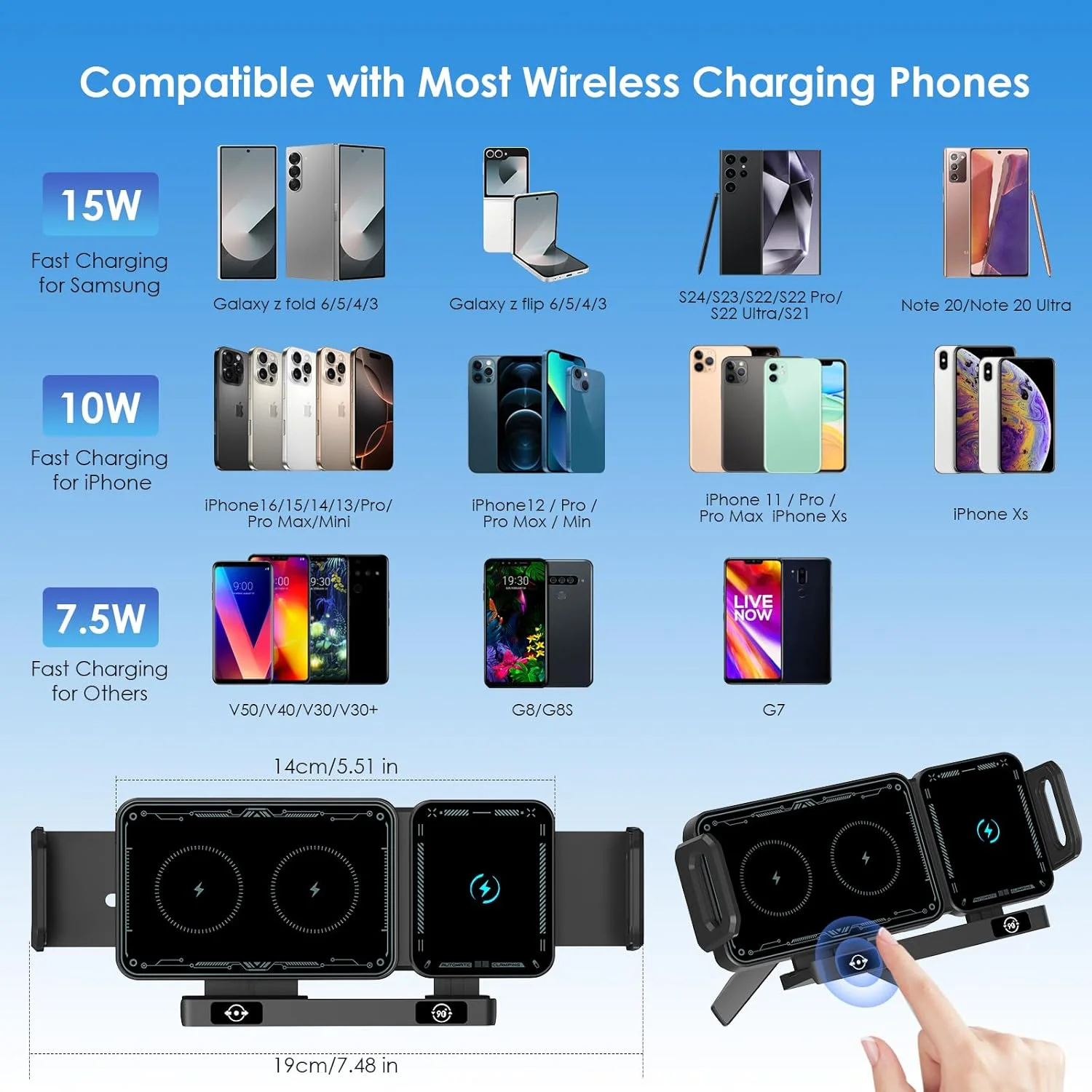 پایه نگهدارنده گوشی موبایل 15 واتی القایی خودرو، شارژر القایی سریع Qi خودرو، شارژر بی سیم گیره اتوماتیک دو سیم پیچ برای Samsung Galaxy Z Fold 6/5/4/3 Z Flip 6/5/4 S24/S23/iPhone 16/15 Series