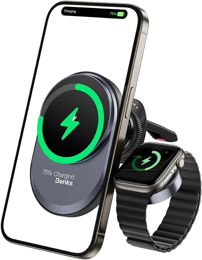 شارژر بی‌سیم خودرویی مگ‌سیف 2 در 1 بنکس مدل CZ06 Infinity برای آیفون و اپل واچ، شارژ بهینه، اتصال مغناطیسی قوی، ایمن، پایدار و قابل اعتماد، نصب آسان و واضح