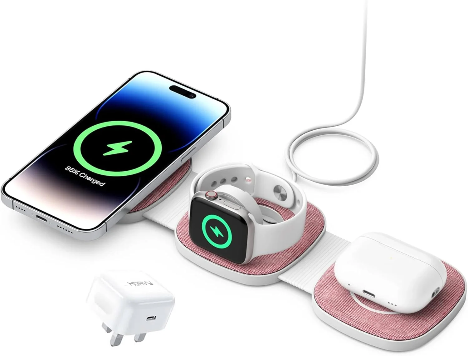 شارژر بی‌سیم، سازگار با شارژر مگ‌سیف، شارژر بی‌سیم تاشو، شارژر آی‌واچ [شامل شارژر سریع 20 واتی] (صورتی), HWC3105