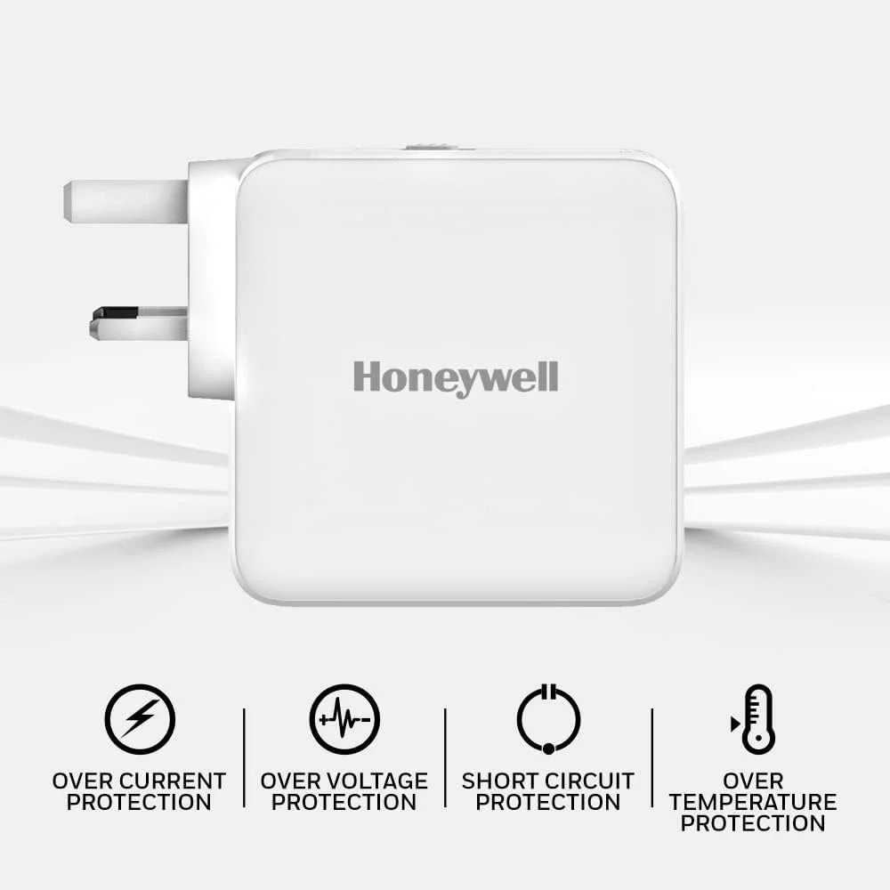 شارژر 65 واتی Honeywell Zest GaN، دارای گواهینامه ESMA، 2 پورت Type C PD 3.0، مجهز به دوشاخه های قابل تعویض، شارژ فوق سریع سازگار با آیفون، مک بوک ایر، آیپد پرو، پیکسل، گلکسی، لپ تاپ و غیره.