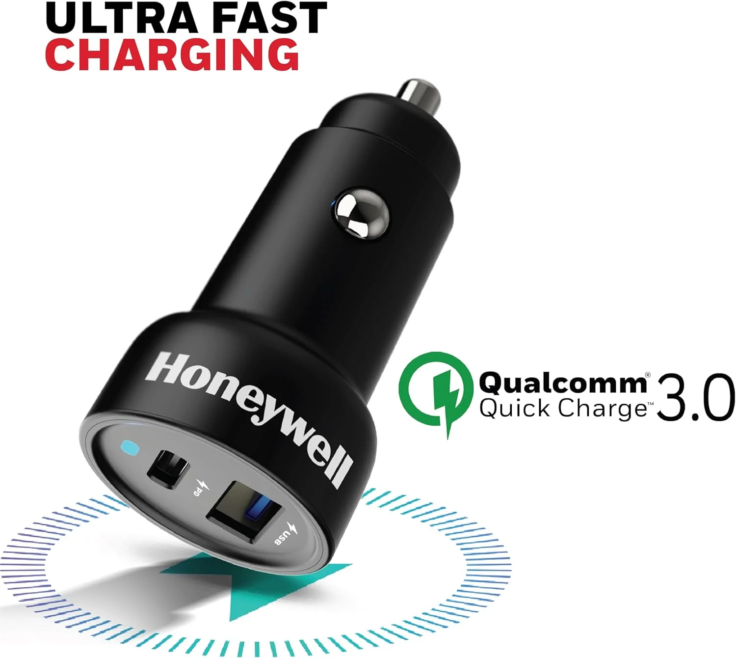 شارژر فندکی هوشمند 38 واتی هانیول مدل Micro CLA، دارای دو پورت Type C و USB A با قابلیت شارژ فوق سریع، آداپتور برای آیفون و اندروید، سازگار با تمام تلفن های هوشمند (آیپد، ایرپاد و غیره)