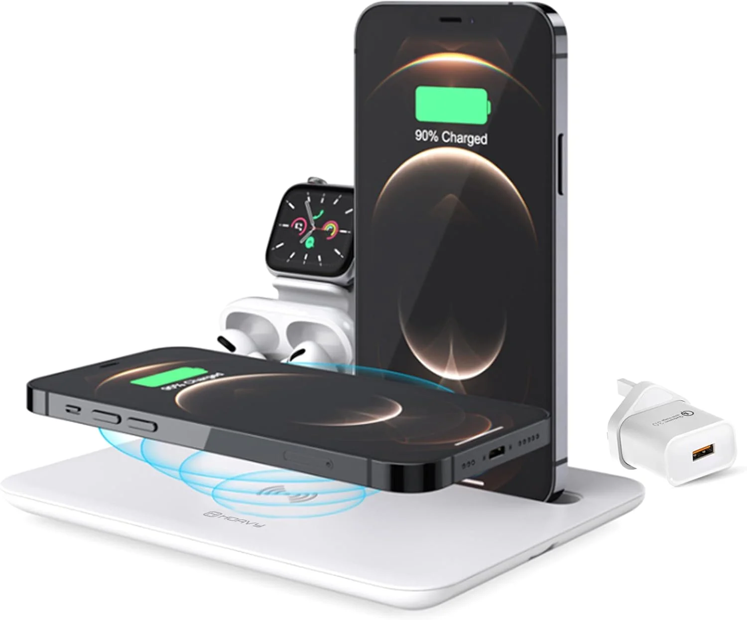 پایه شارژ بی‌سیم MagSafe برای آیفون، سامسونگ، اندروید، داک شارژ مغناطیسی همه در یک برای ایرپادز، ساعت هوشمند و تلفن‌های اپل، بهترین شارژر بی‌سیم سریع چند دستگاهی (سفید)